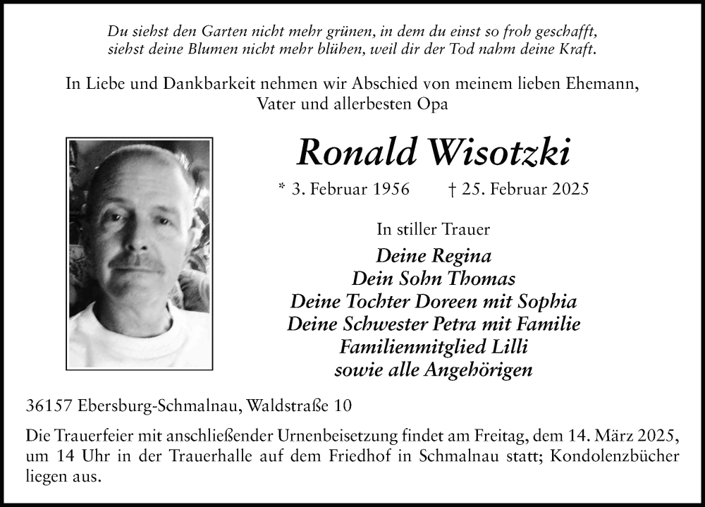  Traueranzeige für Ronald Wisotzki vom 12.03.2025 aus FZ