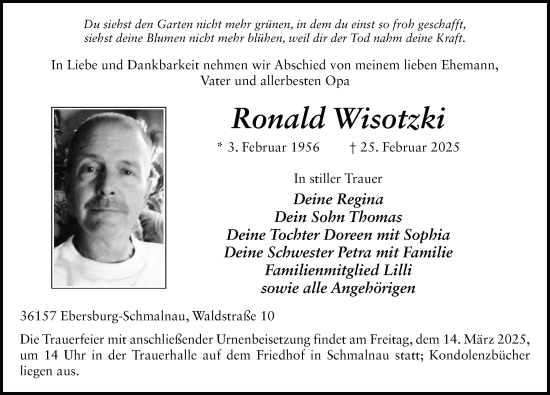Traueranzeige von Ronald Wisotzki von FZ