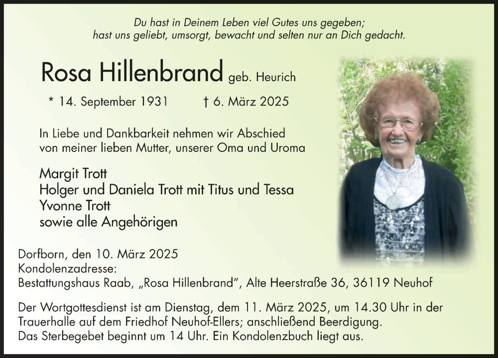  Traueranzeige für Rosa Hillenbrand vom 10.03.2025 aus FZ