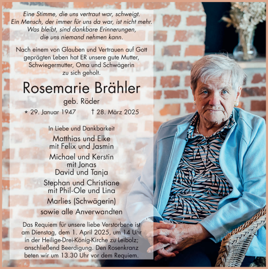 Traueranzeige von Rosemarie Brähler von FZ