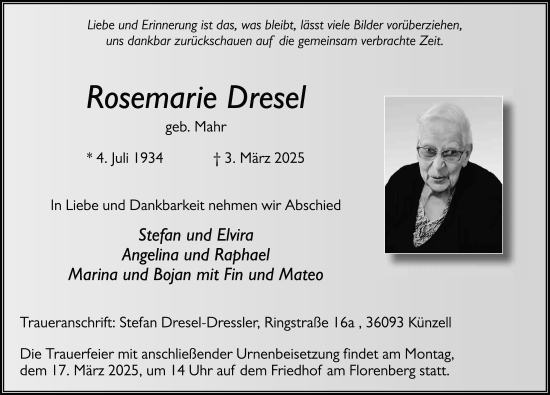 Traueranzeige von Rosemarie Dresel von FZ