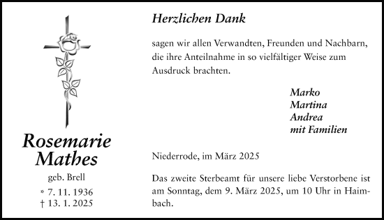 Traueranzeige von Rosemarie Mathes von FZ