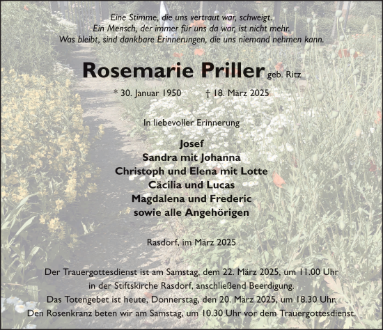 Traueranzeige von Rosemarie Priller von FZ