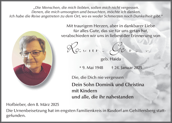 Traueranzeige von Roswitha Gerhard von FZ