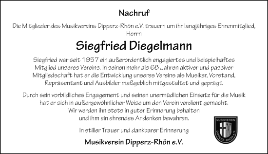 Traueranzeige von Siegfried Diegelmann von FZ