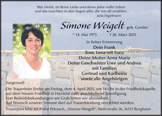 Traueranzeige von Simone Weigelt von FZ