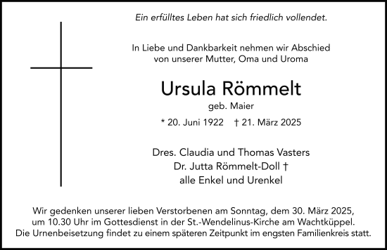 Traueranzeige von Ursula Römmelt von FZ