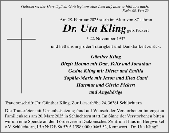 Traueranzeige von Uta Kling von FZ