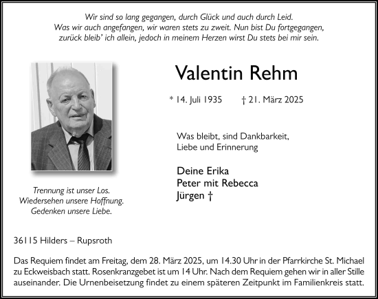 Traueranzeige von Valentin Rehm von FZ