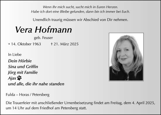 Traueranzeige von Vera Hofmann von FZ