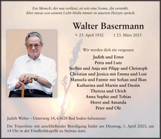 Traueranzeige von Walter Basermann von FZ