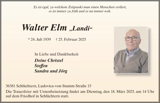Traueranzeige von Walter Elm von FZ