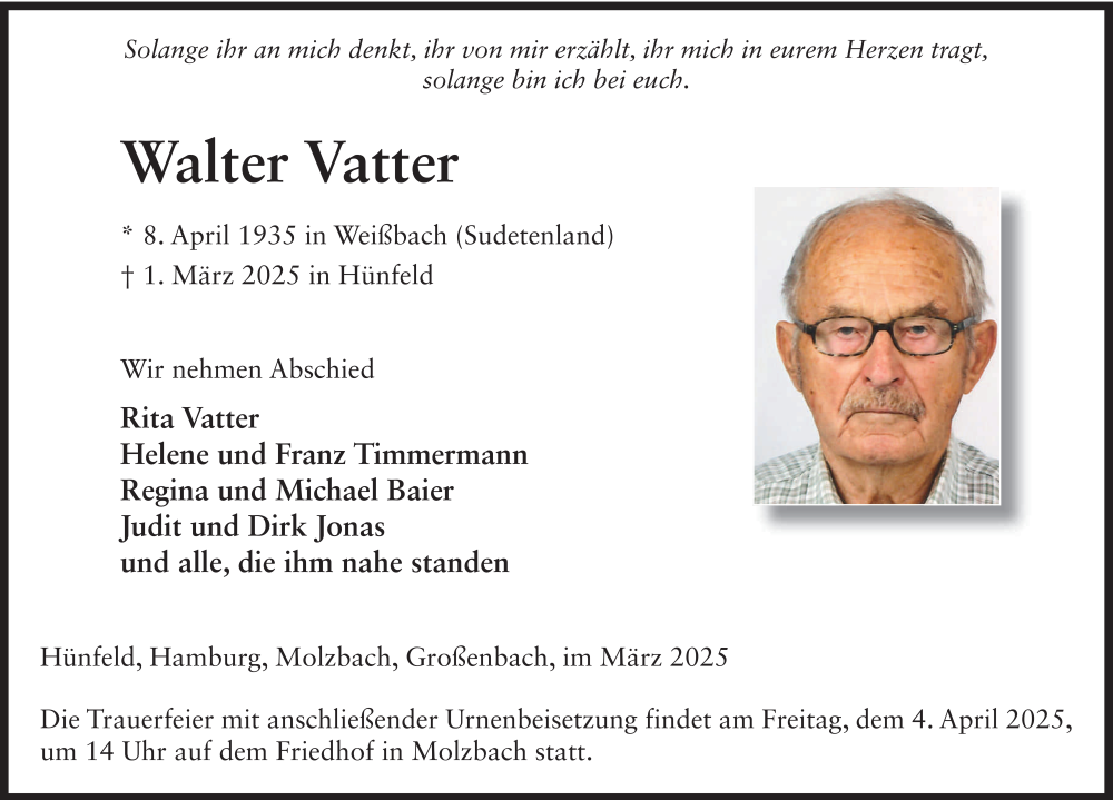 Traueranzeige für Walter Vatter vom 29.03.2025 aus FZ