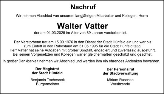 Traueranzeige von Walter Vatter von FZ