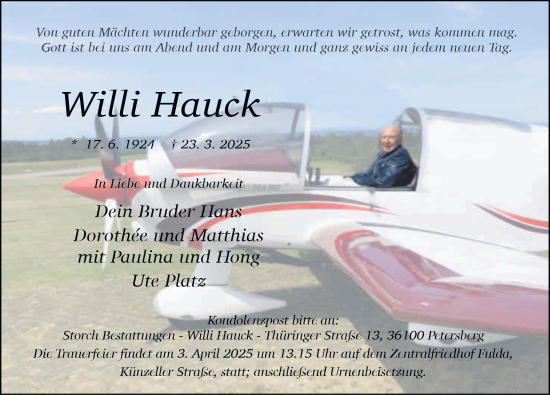 Traueranzeige von Willi Hauck von FZ
