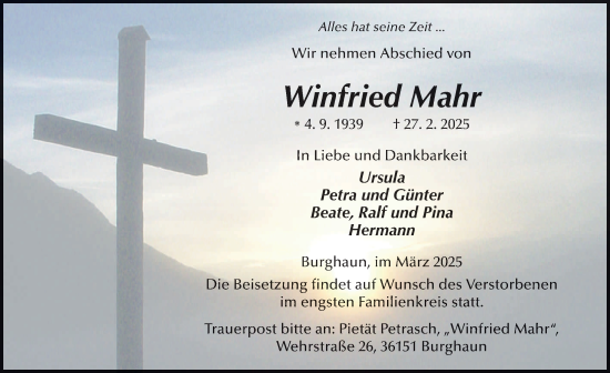 Traueranzeige von Winfried Mahr von FZ