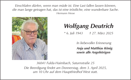 Traueranzeige von Wolfgang Deutrich von FZ