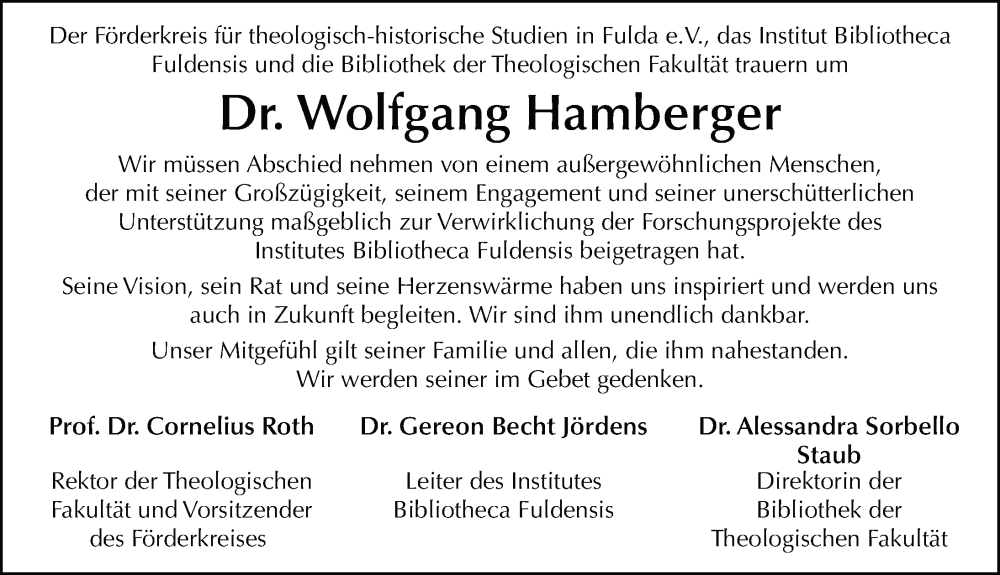  Traueranzeige für Wolfgang Hamberger vom 01.03.2025 aus FZ