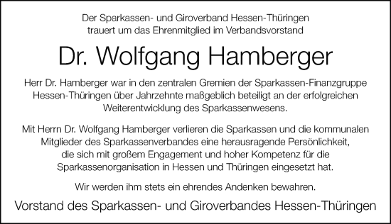 Traueranzeige von Wolfgang Hamberger von FZ