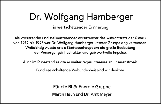Traueranzeige von Wolfgang Hamberger von FZ