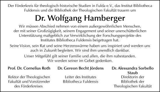 Traueranzeige von Wolfgang Hamberger von FZ