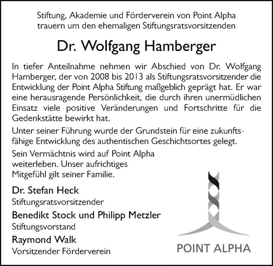 Traueranzeige von Wolfgang Hamberger von FZ
