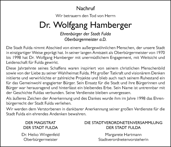 Traueranzeige von Wolfgang Hamberger von FZ