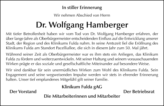Traueranzeige von Wolfgang Hamberger von FZ