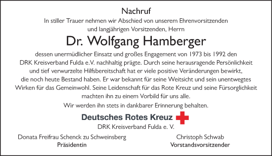 Traueranzeige von Wolfgang Hamberger von FZ