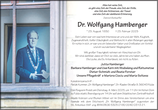Traueranzeige von Wolfgang Hamberger von FZ