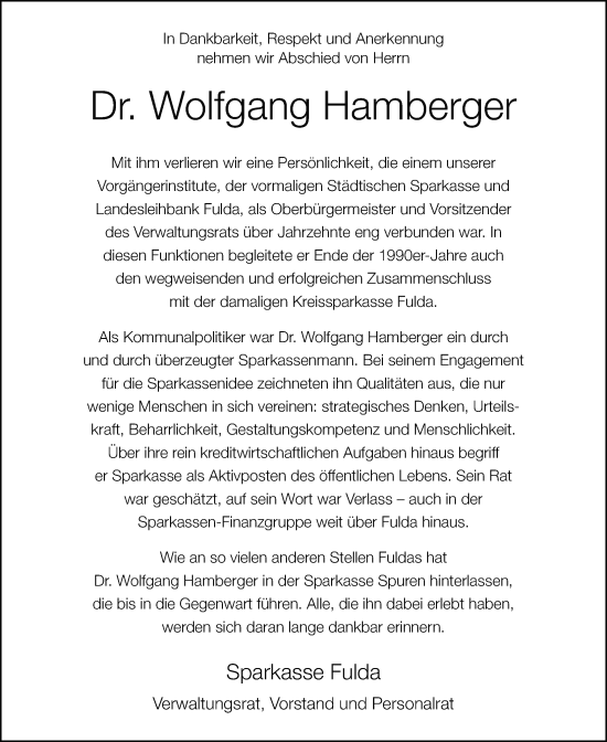 Traueranzeige von Wolfgang Hamberger von FZ