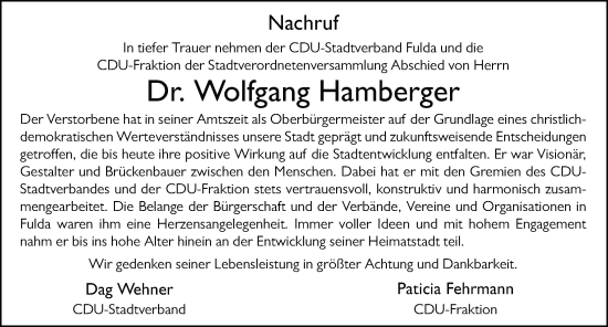 Traueranzeige von Wolfgang Hamberger von FZ