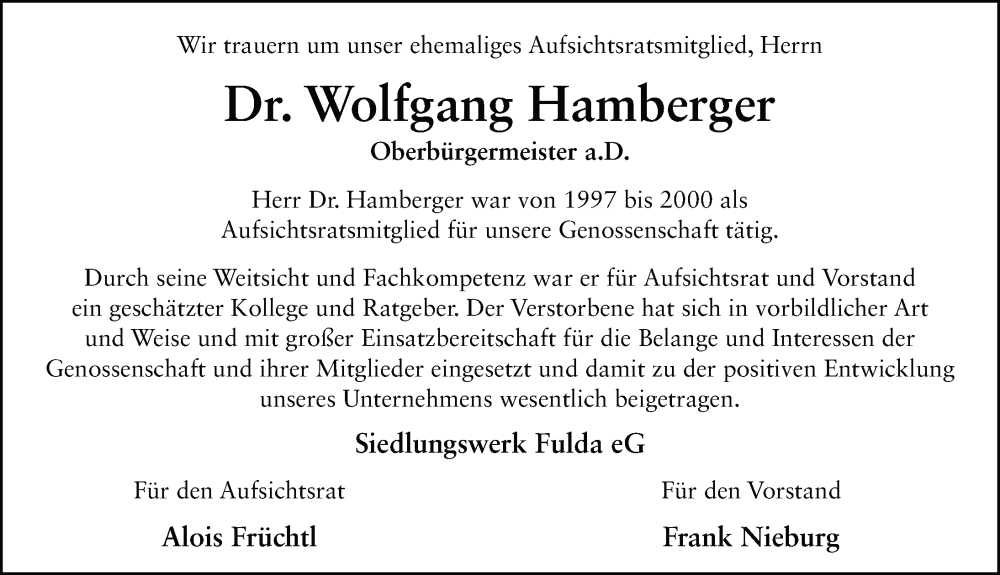  Traueranzeige für Wolfgang Hamberger vom 01.03.2025 aus FZ