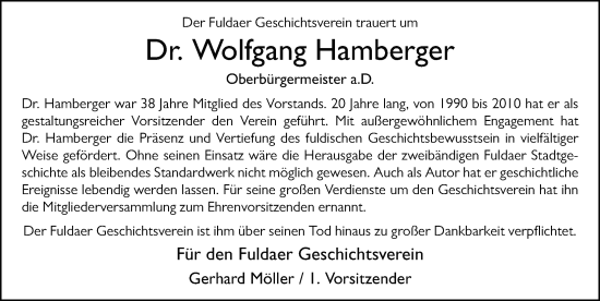 Traueranzeige von Wolfgang Hamberger von FZ