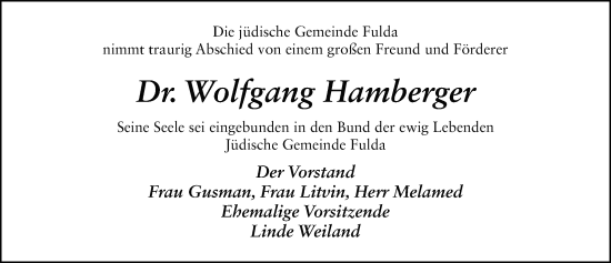 Traueranzeige von Wolfgang Hamberger von FZ
