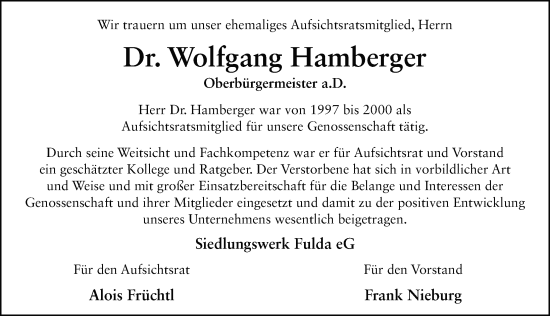 Traueranzeige von Wolfgang Hamberger von FZ