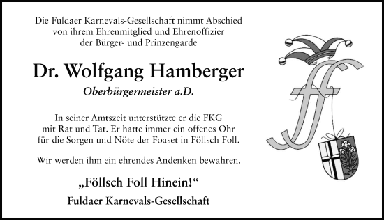 Traueranzeige von Wolfgang Hamberger von FZ