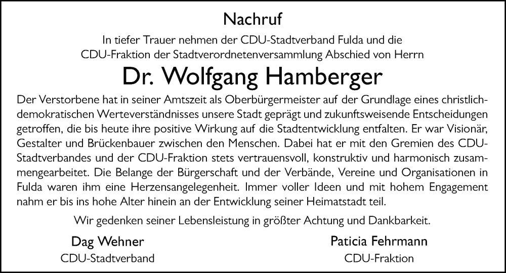  Traueranzeige für Wolfgang Hamberger vom 01.03.2025 aus FZ