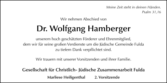 Traueranzeige von Wolfgang Hamberger von FZ