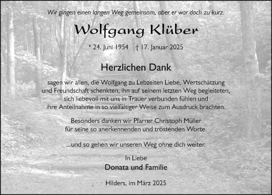 Traueranzeige von Wolfgang Klüber von FZ