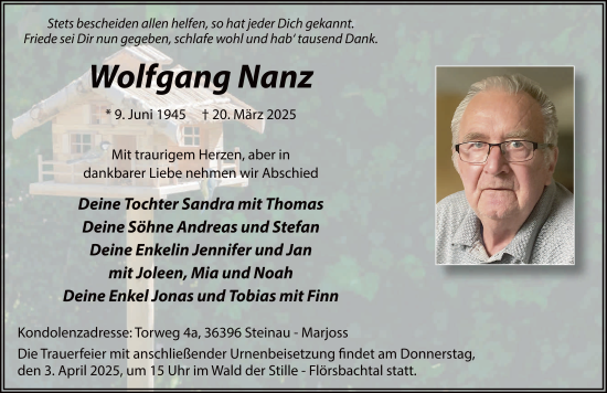 Traueranzeige von Wolfgang Nanz von FZ