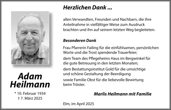 Traueranzeige von Adam Heilmann von FZ