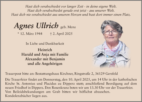 Traueranzeige von Agnes Ullrich von FZ