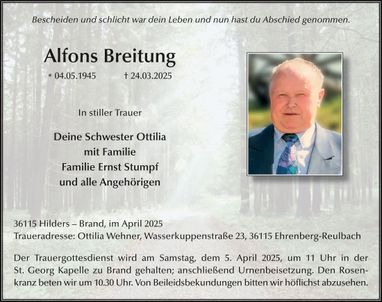 Traueranzeige von Alfons Breitung von FZ
