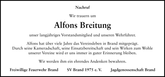Traueranzeige von Alfons Breitung von FZ
