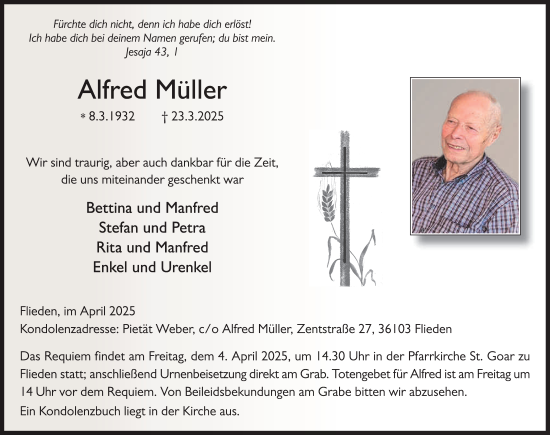 Traueranzeige von Alfred Müller von FZ