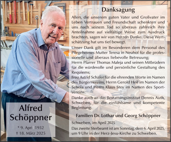 Traueranzeige von Alfred Schöppner von FZ