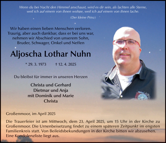 Traueranzeige von Aljoscha Lothar Nuhn von FZ