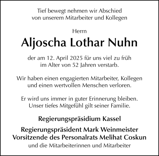 Traueranzeige von Aljoscha Lothar Nuhn von FZ