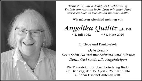 Traueranzeige von Angelika Quilitz von FZ